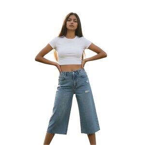 Wax Jeans Jorts Girls Hem Wide Denim Light Wash High Rise Cutoff Shorts Sz M NWT